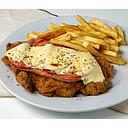 MILANESA NAPOLITANA C/PAPAS FRITAS Y ENSALADA